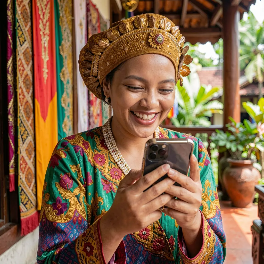 WP888apk App – A seamless and engaging mobile gaming experience for Indonesian players Stylish Indonesian woman enjoying mobile gaming with the WP888apk app while smiling at her phone in a vibrant cultural setting