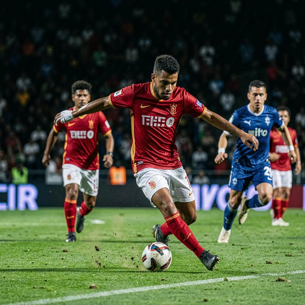 WP888apk – Experience high stakes soccer betting for Indonesian players Intense soccer moment with a player controlling the ball under pressure in a vibrant stadium representing high stakes betting action on WP888apk in Indonesia