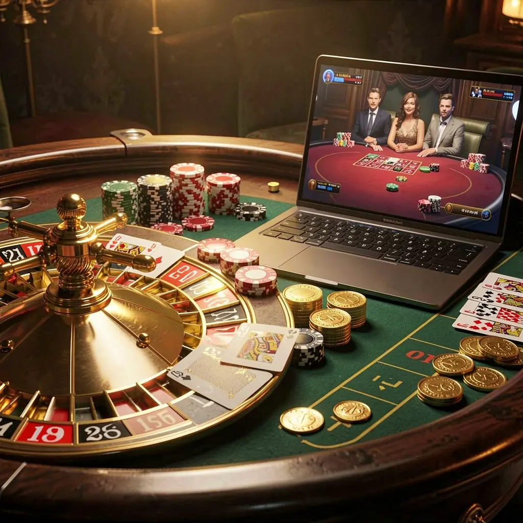 WP888apk – Experience authentic roulette excitement online in Indonesia Detailed view of a professional roulette wheel with stacked casino chips and a digital betting interface on WP888apk for Indonesian players