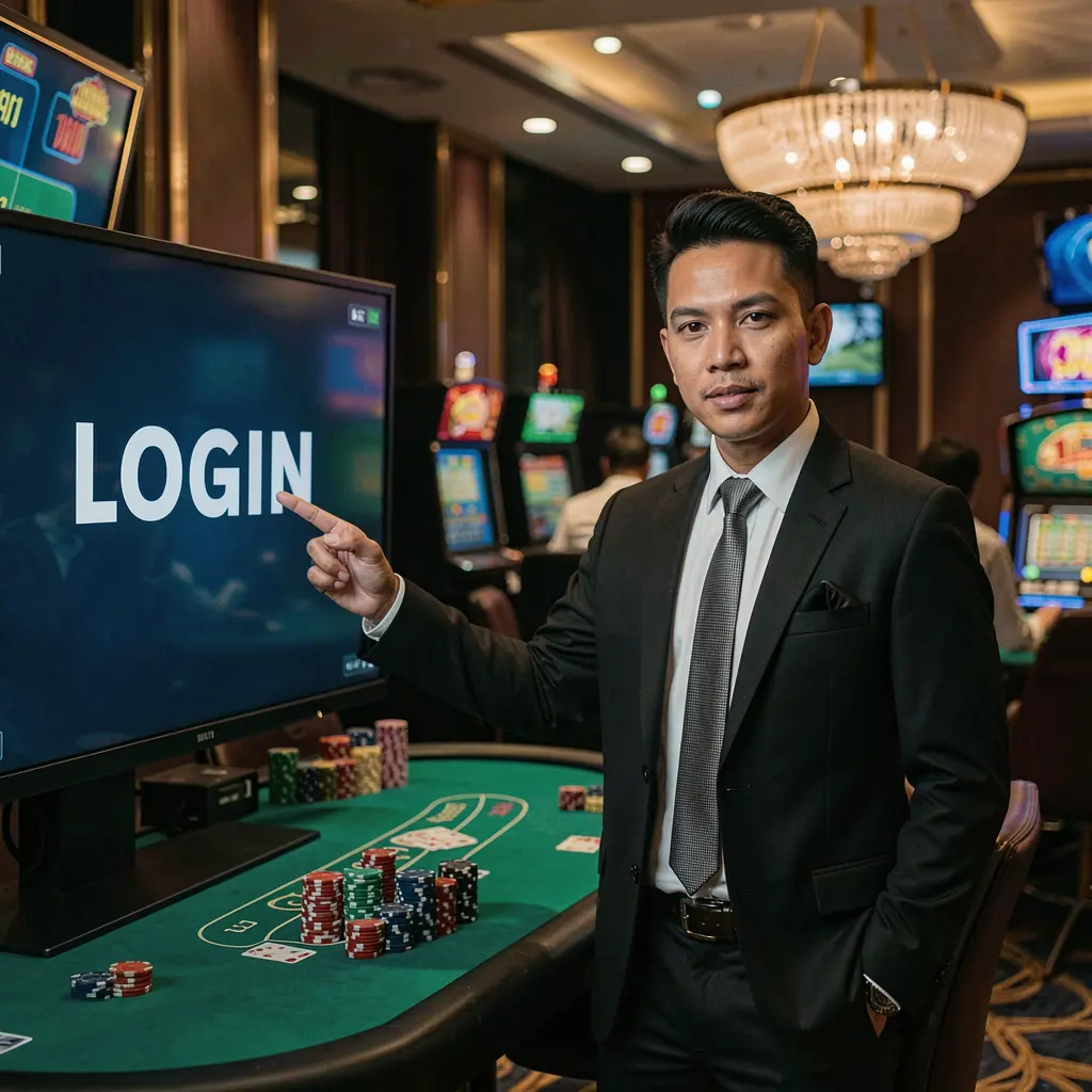 WP888apk Login – Secure and fast access to your gaming account in Indonesia Stylish Indonesian casino professional pointing at a glowing login screen inside a modern WP888apk casino environment